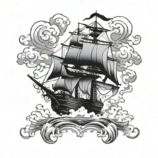 Pirate Ship In Clouds Floating Skully Inside