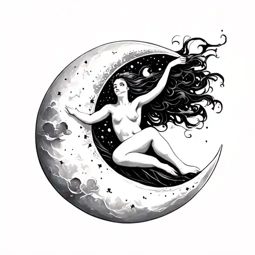 Woman Riding A Crescent Moon Merging Together