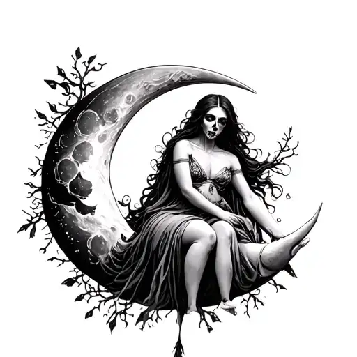 Dead Woman Riding A Crescent Moon Merging Together