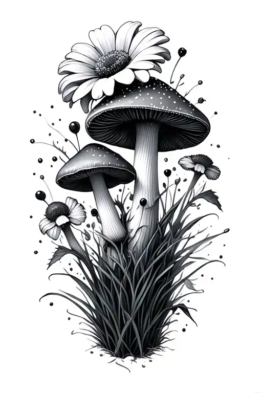 Flowers And Mushrooms Growing In The Grass With Particles