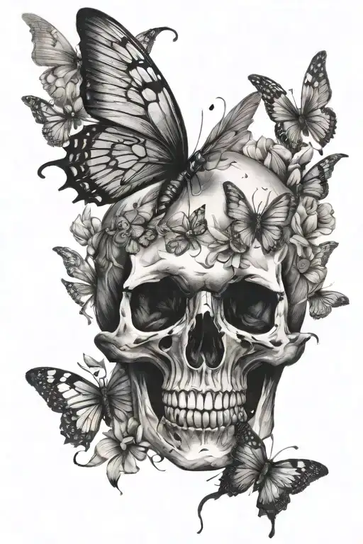 Skull And Butterflies Flying