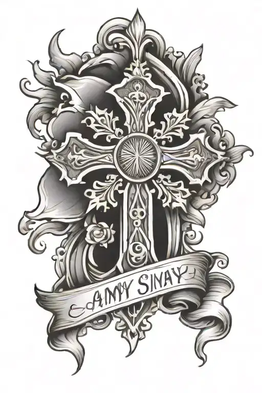 Cross Tattoo Design Featuring Name Written Inside Saying Amy Sinay Surrounded By Sun Rays