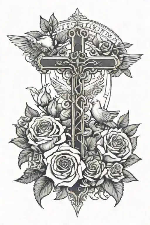 Roman Numerals Surrounded By Dove Roses And Cross