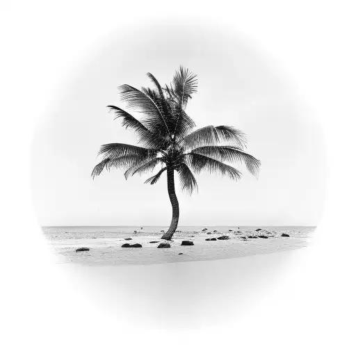 A Black And Grey Realistic Depiction Of A Palm Tree On A Deserted Island