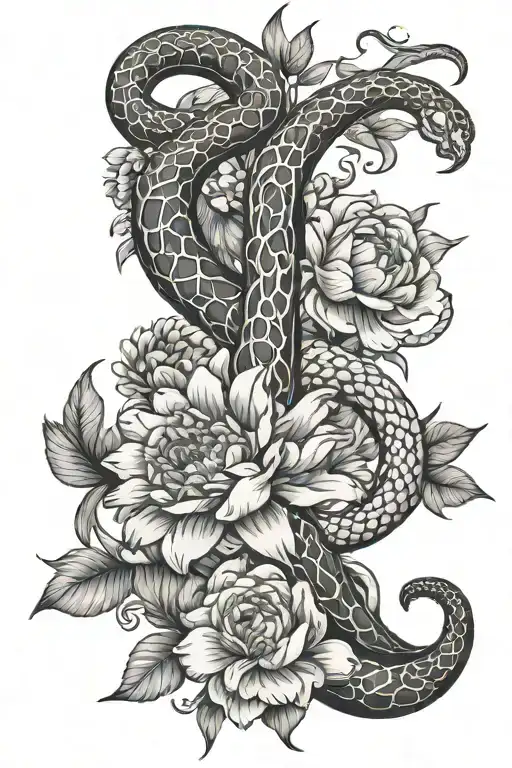 Rib Cage With Aster Flowers And A Snake Intertwined