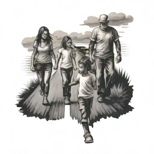 Father Son Daughter And Mother Walking On The Road