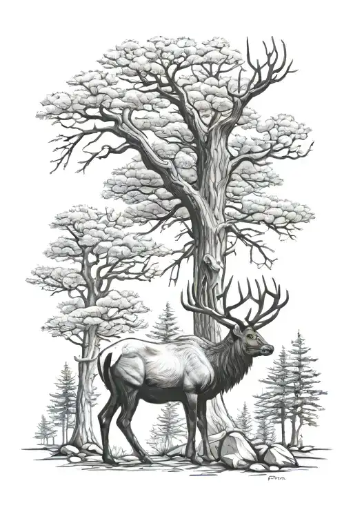 Trees Elk Standing Realistic Portrait