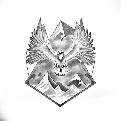 A Stunning Black And Grey Tattoo Of A Soaring Eagle Above A Mountain Range