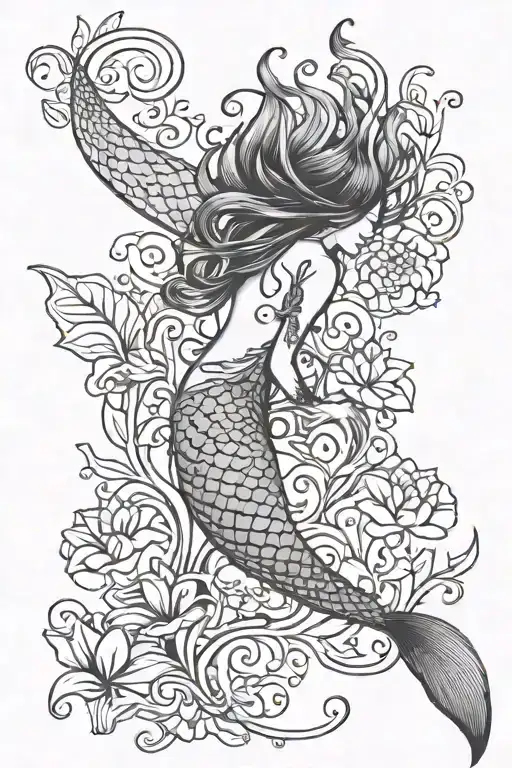 Mermaid Tail Silhouette With Lotus Flower And Vines