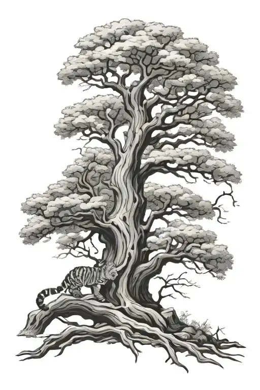 Oak Tree With Wildcat At The Base Of The Tree