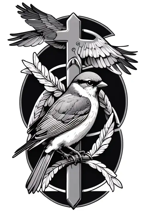 Cross And Sparrow Intertwined Symbolizing Sobriety