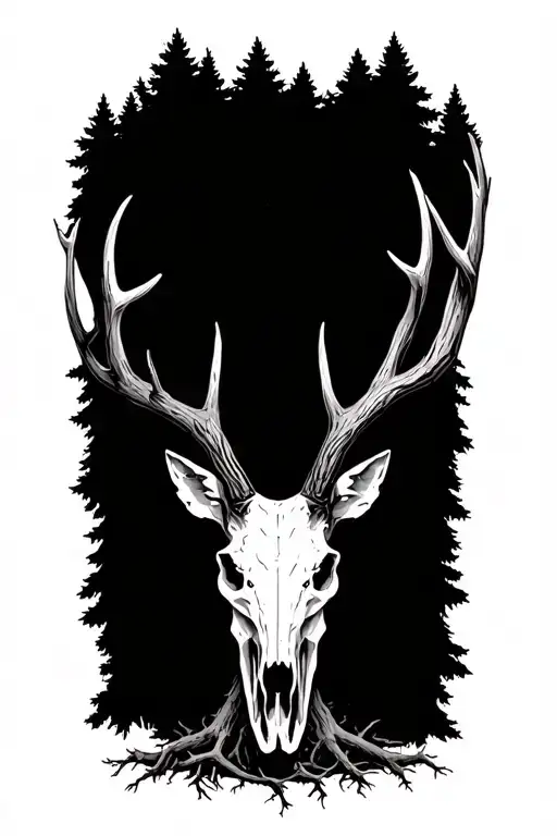 Silloutte Deer Skull Pine Tree With Roots