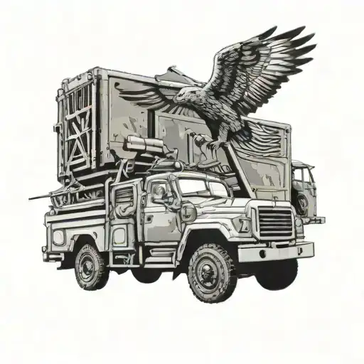 A Black And Grey Tattoo Of A Fierce Eagle Perched On Top Of A Military Truck