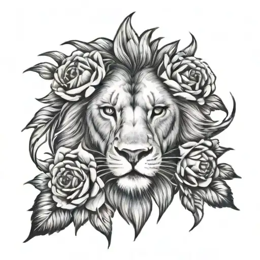 Lion Face With Phenix Head Looking Away With 3 Full Roses With Leaves Below The Image
