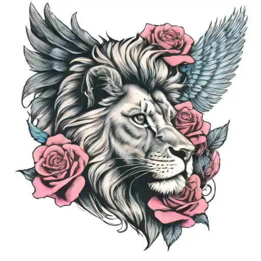 Lion Face And Phenix Head Looking Away With 3 Full Roses 1 Blue And 2 Pink Below The Image