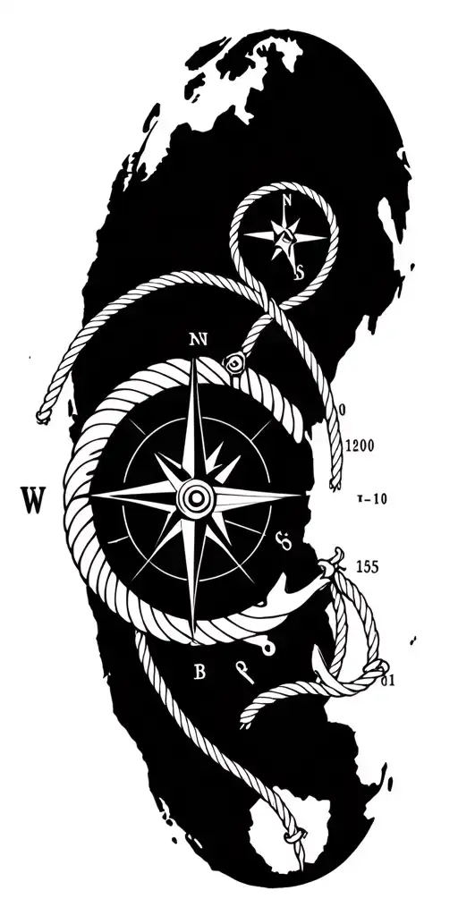 World Map Compass Sailing Ship Rope Anchor Grid Coordinates