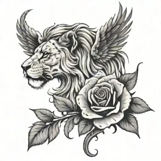 Lion Face And Phenix Head With 3 Full Roses Below The Image