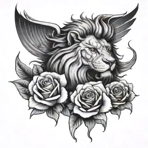 Lion Face And Phenix Head With 3 Full Roses Below The Image