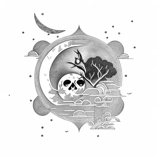 Black Full Moon With Nature Symbols Encircling It