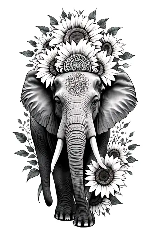 Symbolizing Strength With An Elephant Adorned Surrounded By Sunflowers And Mandalas