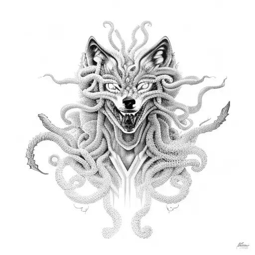 A Black-grey Portrait Of A Medusa Transforming Into A Wolf
