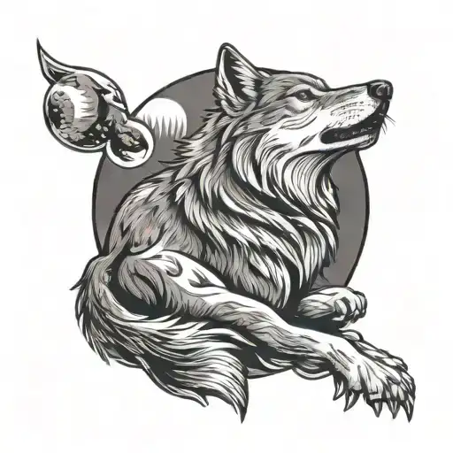 Sitting Wolf Howling At Moon Tail Wrapped Round Tattoo