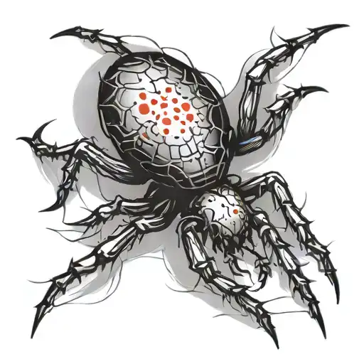Small Black Spider With A Red Dot In The Middle Outlined With White Ink