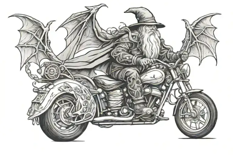 Wizard Riding A Chopper Motorcycle With Dragons Flying In The Background