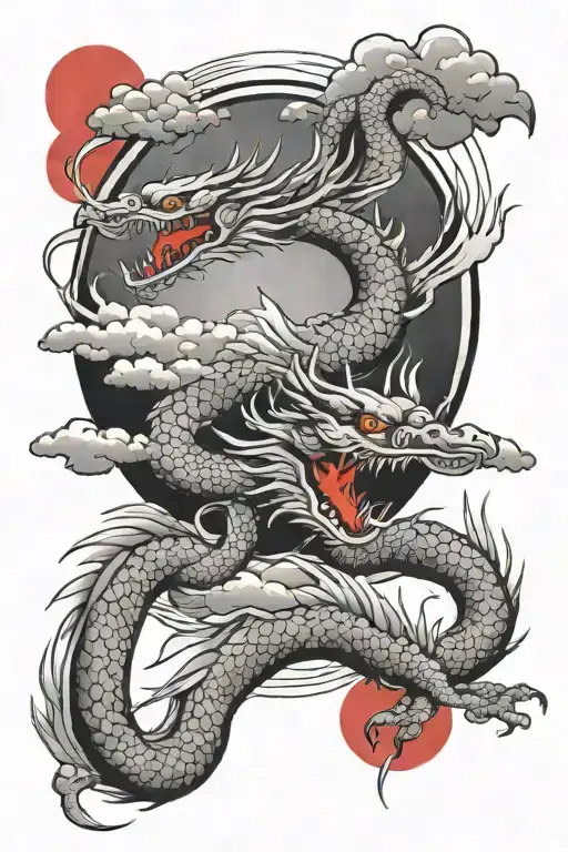 Japanese Dragon And Cranes Flying With Red Sun