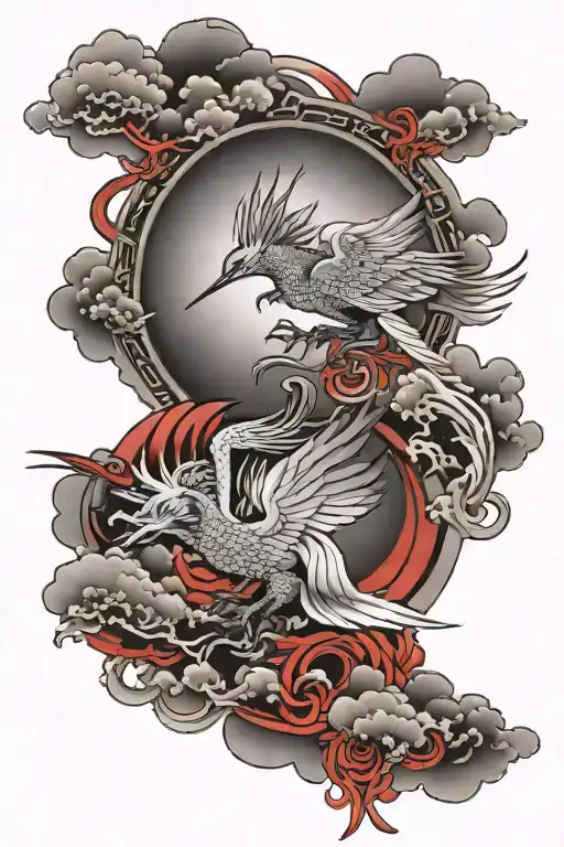 Japanese Dragon And Japanese Cranes Flying With Red Sun