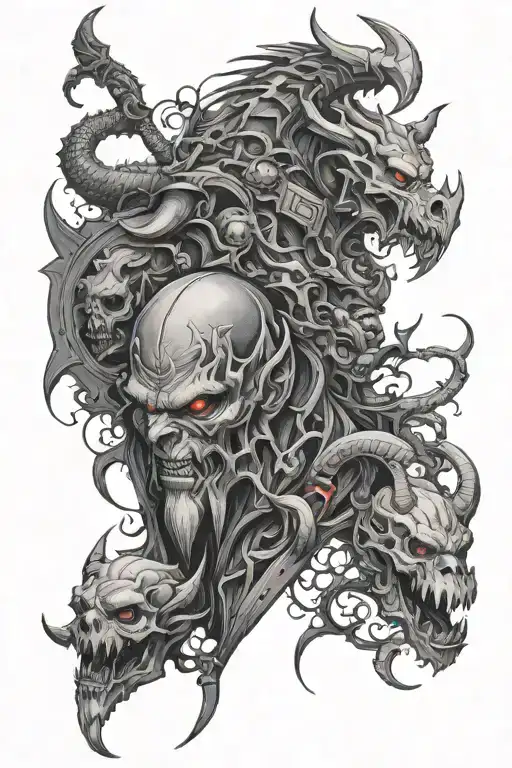 Heavy Metak Themed Tattoo With Demons And Gargoyls In Black And White Or Greyscale