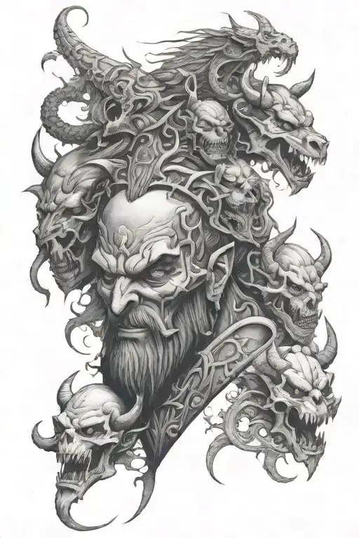 Heavy Metak Themed Tattoo With Demons And Gargoyls In Black And White Or Greyscale