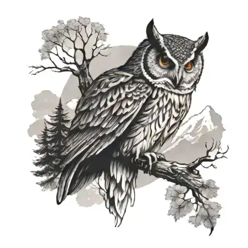 Owl On Tree Looking At Moutains