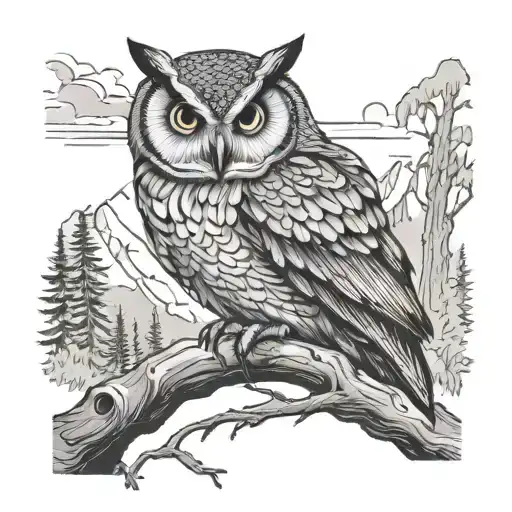 Owl On Large Tree Looking At Moutains