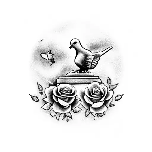 A Grave With Dove Holding A Rose In Its Mouth