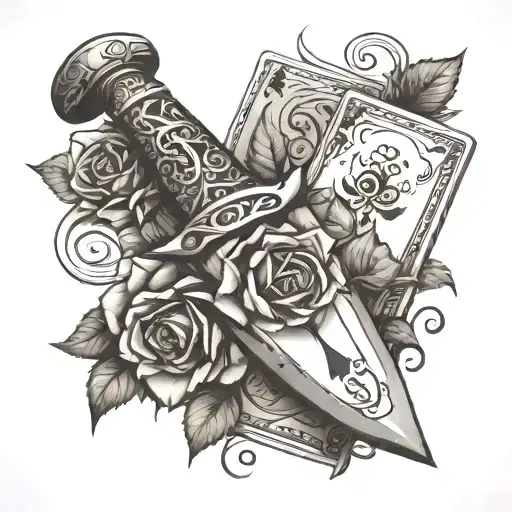 Dagger Going Threw Rose And Vines Wrapped Around It With Suits Of Cards Etched In The Blade
