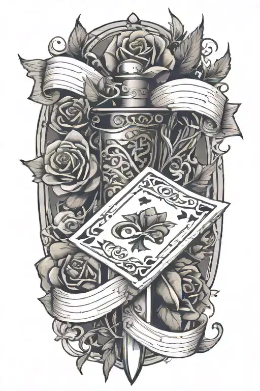 Dagger Going Threw Rose And Vines Wrapped Around It With Suits Of Cards Etched In The Blade