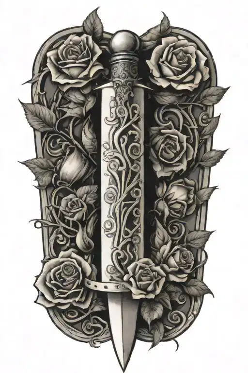 Dagger Going Threw Rose And Vines Wrapped Around It With Suits Of Cards Etched In The Blade
