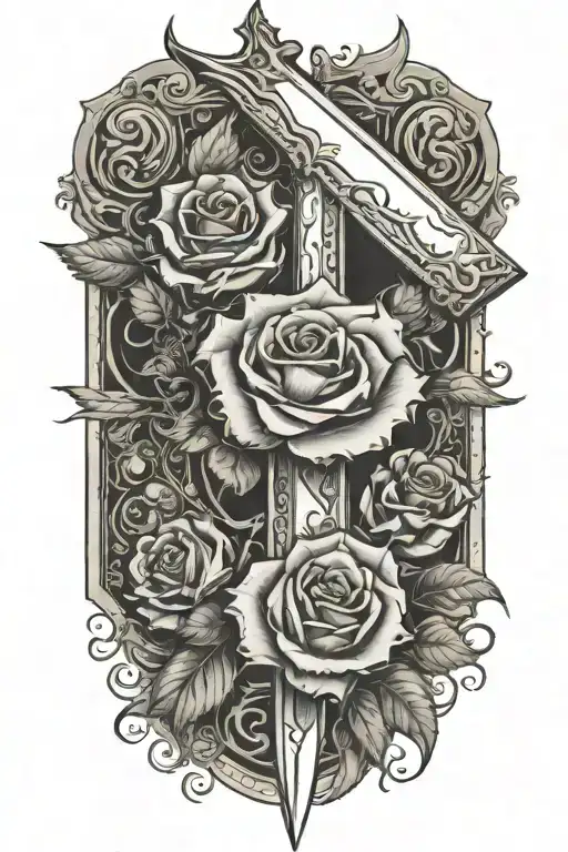 Dagger Going Threw Rose And Vines Wrapped Around It With Suits Of Cards Etched In The Blade