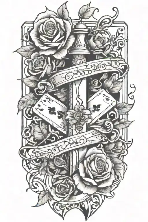 Dagger Going Threw Rose And Vines Wrapped Around It With Suits Of Cards Etched In The Blade