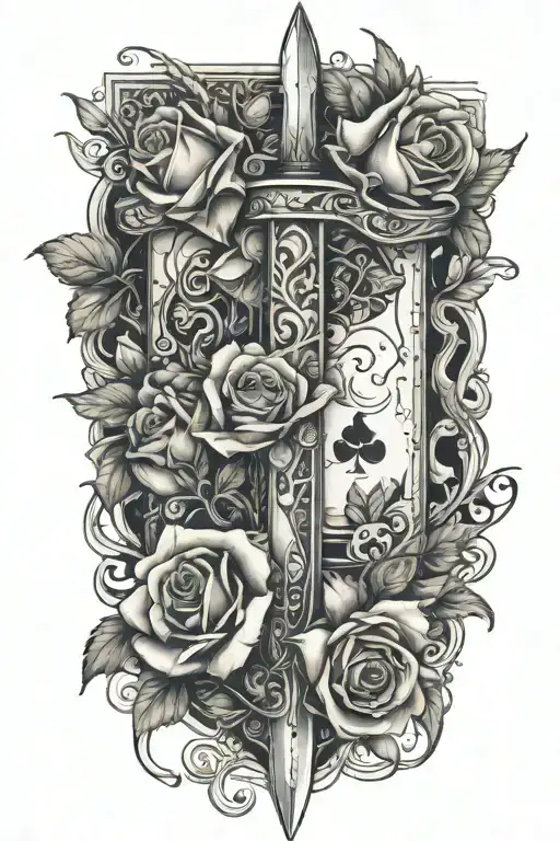 Dagger Going Threw Rose And Vines Wrapped Around It With Suits Of Cards Etched In The Blade