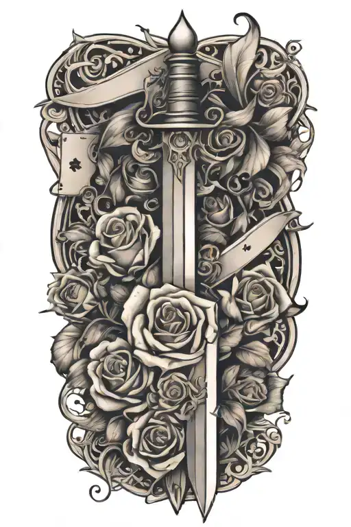 Dagger Going Threw Rose And Vines Wrapped Around It With Suits Of Cards Etched In The Blade