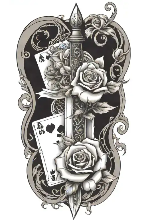 Dagger Going Threw Rose And Vines Wrapped Around It With Suits Of Cards Etched In The Blade