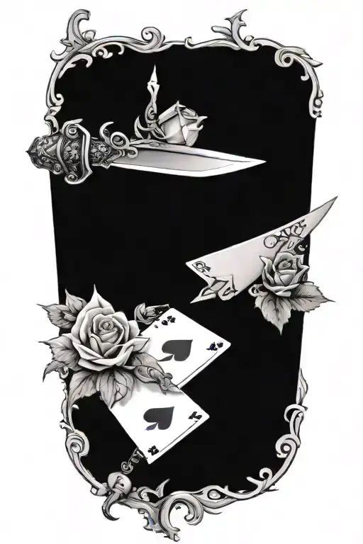 Dagger Going Threw Rose And Vines Wrapped Around It With Suits Of Cards Etched In The Blade
