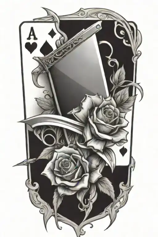 Dagger Going Threw Rose And Vines Wrapped Around It With Suits Of Cards Etched In The Blade