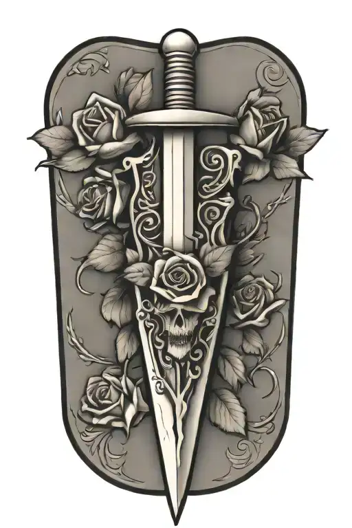 Dagger Going Threw Rose And Vines Wrapped Around It With Suits Of Cards Etched In The Blade