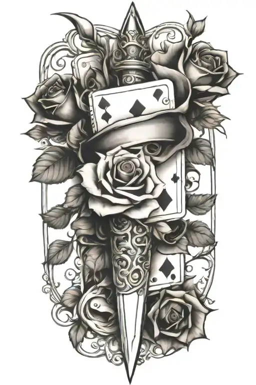 Dagger Going Threw Rose And Vines Wrapped Around It With Suits Of Cards Etched In The Blade