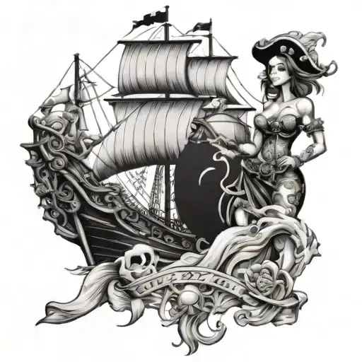 Pirate Ship And A Man And A Woman And Their Four Treasures