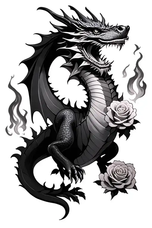 Dragon With Few Roses Peaking And Flames Shooting