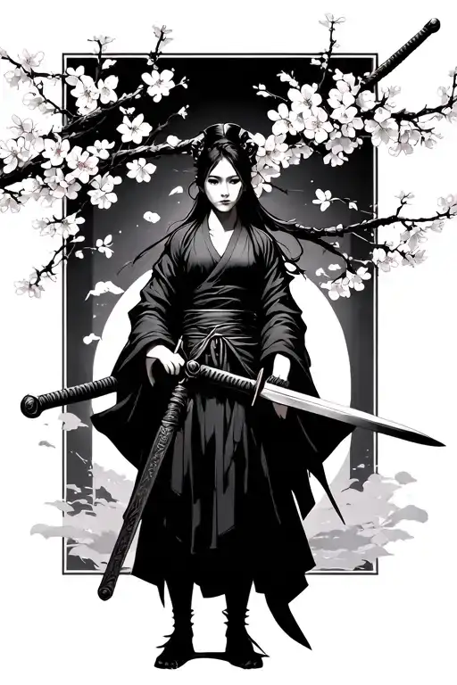 Samarai Standing By Cherry Blossom Holding A Sword